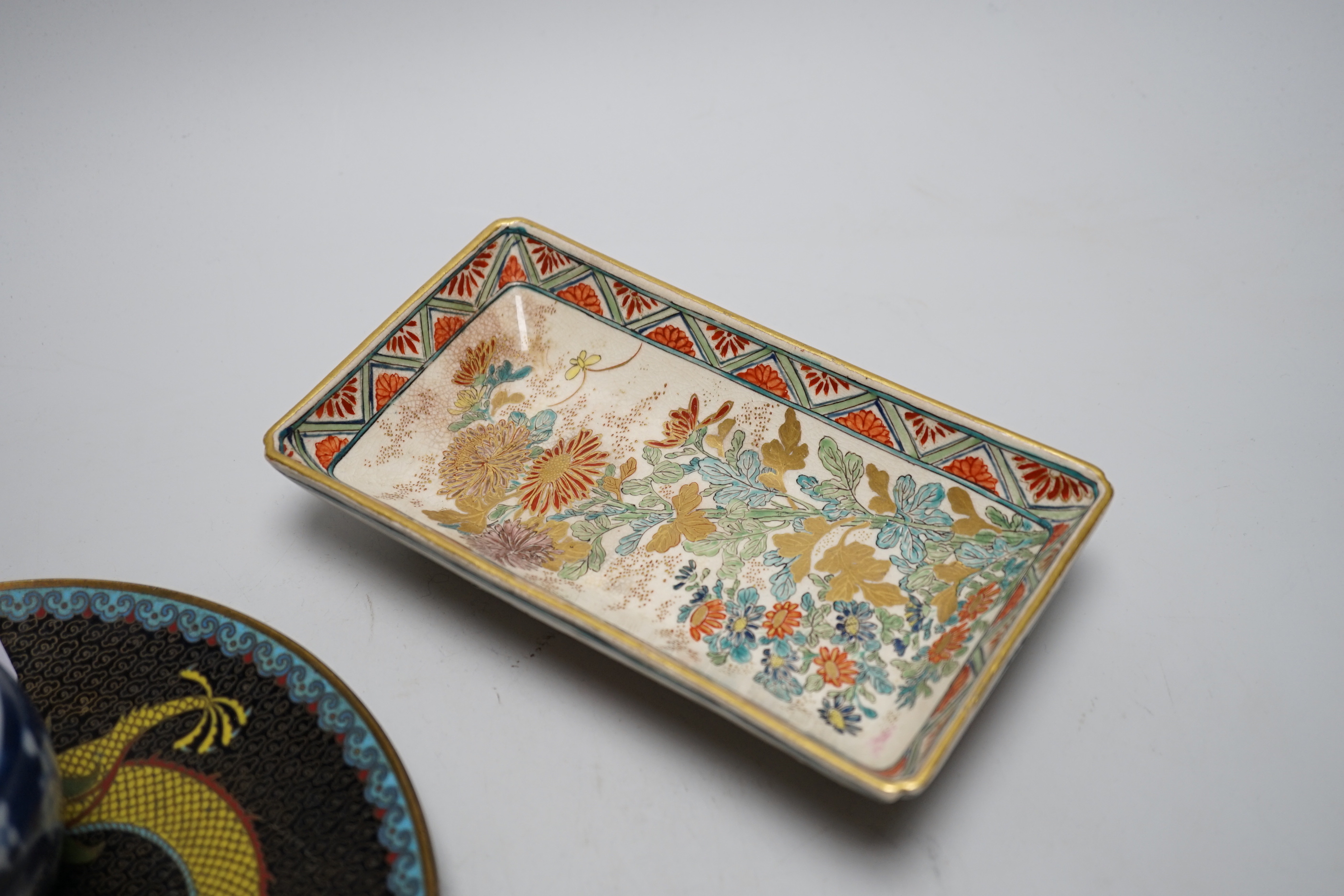 A Chinese cloisonné enamel ‘dragon’ dish, a Japanese Satsuma tray and other items